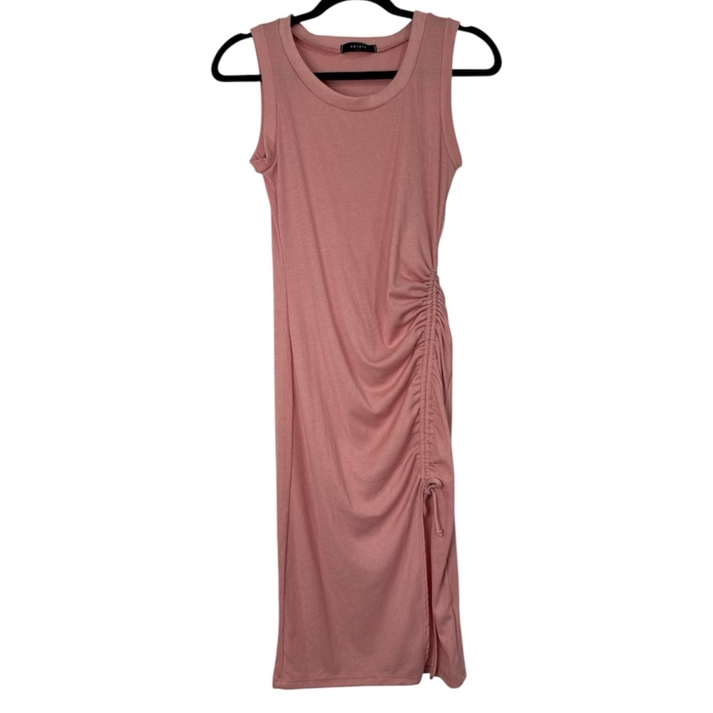 21 Saints Maxi Ribbed Ruched Tie Side Slit Dress Rose Pink Small Women’s